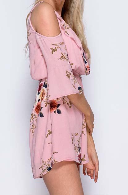 Eden Cold Shoulder Playsuit in pretty pink with flowers side