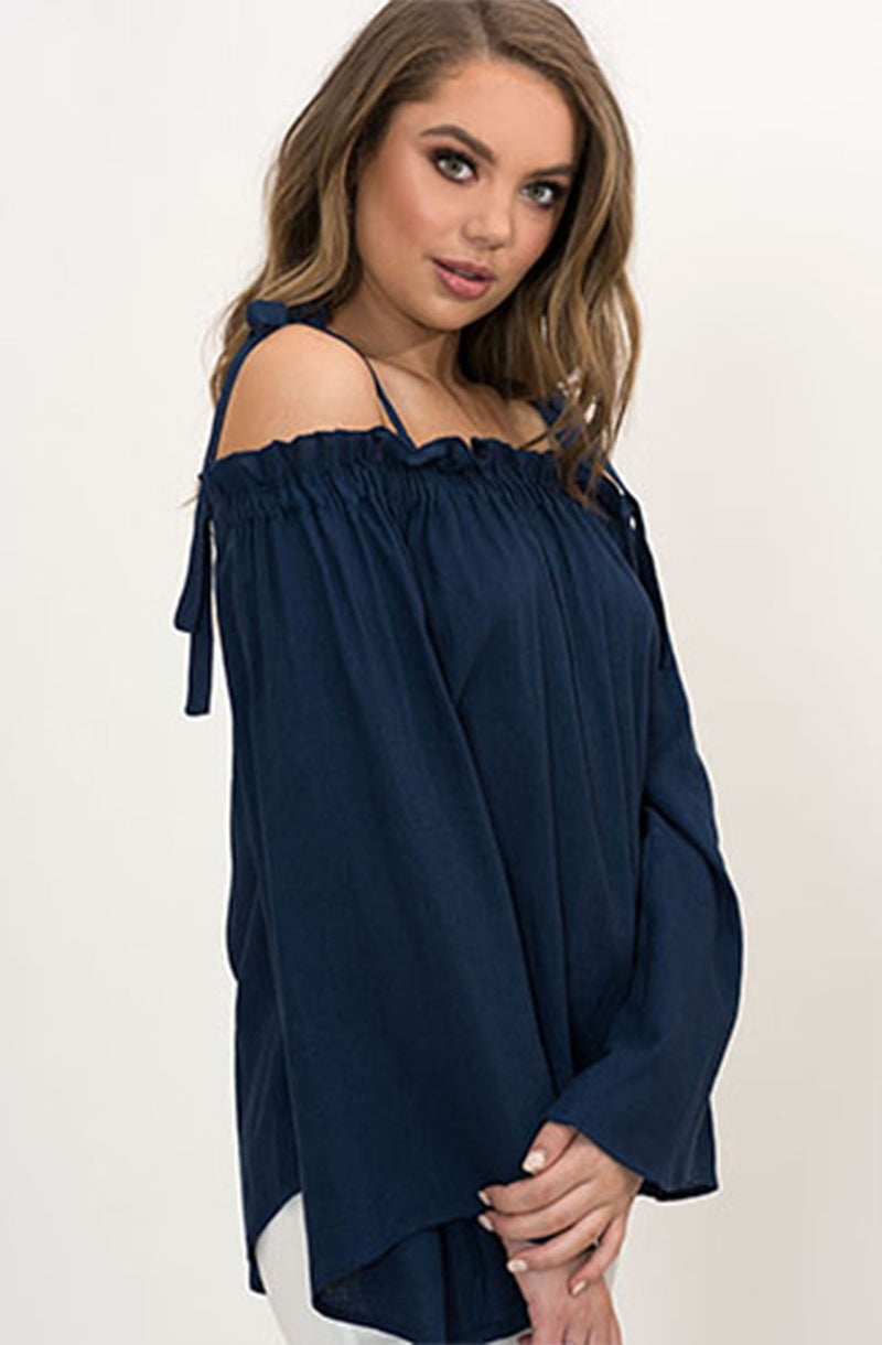 Lola off the Shoulder Ruffle Top in Navy