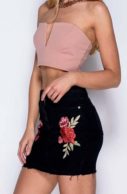 Rose black denim mini skirt